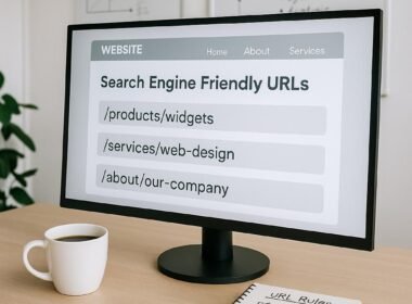 Modernes Büro mit großem Bildschirm, Notizbuch und Whiteboards, die SEO-Strategien und URL-Regeln visualisieren, mit einer Tasse Kaffee im Vordergrund.