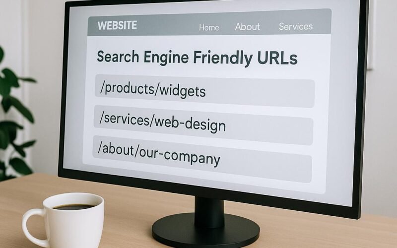 Modernes Büro mit großem Bildschirm, Notizbuch und Whiteboards, die SEO-Strategien und URL-Regeln visualisieren, mit einer Tasse Kaffee im Vordergrund.