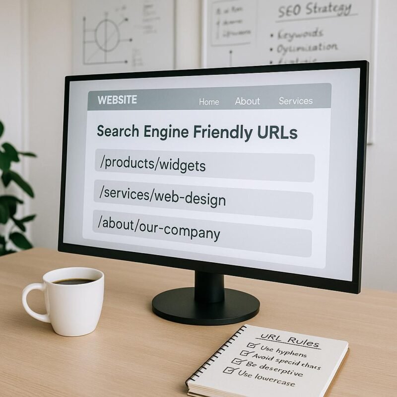 Modernes Büro mit großem Bildschirm, Notizbuch und Whiteboards, die SEO-Strategien und URL-Regeln visualisieren, mit einer Tasse Kaffee im Vordergrund.