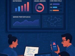 Modernes Büro mit digitalem SEO-Dashboard, Laptops und Smartphones, die Echtzeitdaten und Automatisierungstools zeigen, um SEO-Performance zu überwachen. Credit: 404 Magazine (Tobias Hager)