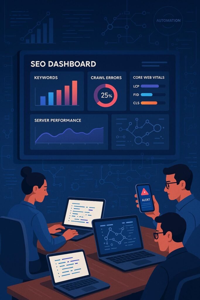Modernes Büro mit digitalem SEO-Dashboard, Laptops und Smartphones, die Echtzeitdaten und Automatisierungstools zeigen, um SEO-Performance zu überwachen. Credit: 404 Magazine (Tobias Hager)