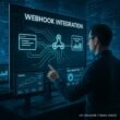 Technologiegetriebenes Büro mit mehreren Monitoren, Dashboards, Webhook-Visualisierung und Code im Hintergrund, symbolisiert Innovation und Geschwindigkeit.