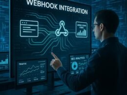 Technologiegetriebenes Büro mit mehreren Monitoren, Dashboards, Webhook-Visualisierung und Code im Hintergrund, symbolisiert Innovation und Geschwindigkeit.