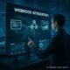 Technologiegetriebenes Büro mit mehreren Monitoren, Dashboards, Webhook-Visualisierung und Code im Hintergrund, symbolisiert Innovation und Geschwindigkeit.