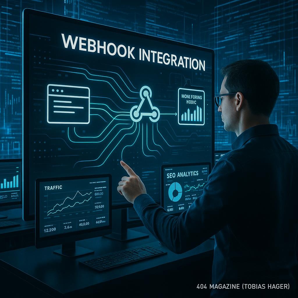Technologiegetriebenes Büro mit mehreren Monitoren, Dashboards, Webhook-Visualisierung und Code im Hintergrund, symbolisiert Innovation und Geschwindigkeit.