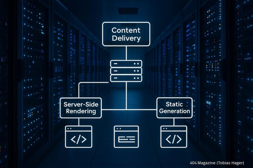 High-Tech-Serverraum mit blinkenden Lichter, digitale Überlagerung zeigt Content-Strategien wie Server-Seiten-Rendering und statische Generierung, fotografiert von Tobias Hager für 404 Magazine.