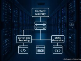 High-Tech-Serverraum mit blinkenden Lichter, digitale Überlagerung zeigt Content-Strategien wie Server-Seiten-Rendering und statische Generierung, fotografiert von Tobias Hager für 404 Magazine.