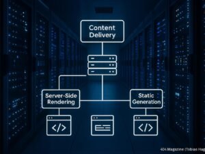 High-Tech-Serverraum mit blinkenden Lichter, digitale Überlagerung zeigt Content-Strategien wie Server-Seiten-Rendering und statische Generierung, fotografiert von Tobias Hager für 404 Magazine.
