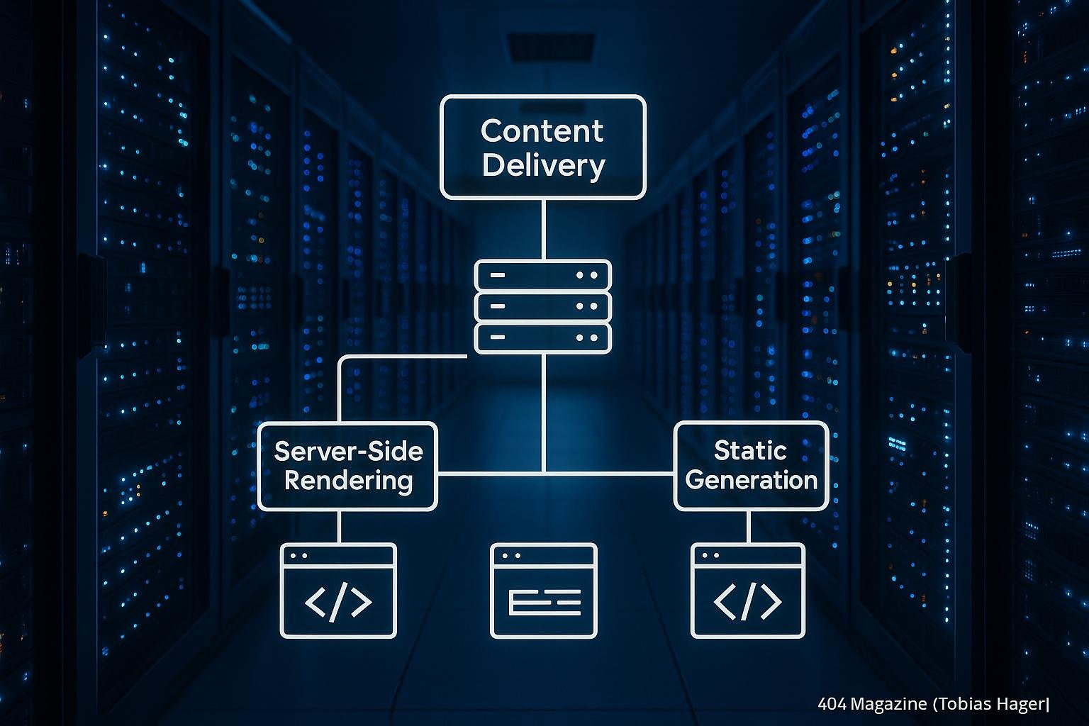 High-Tech-Serverraum mit blinkenden Lichter, digitale Überlagerung zeigt Content-Strategien wie Server-Seiten-Rendering und statische Generierung, fotografiert von Tobias Hager für 404 Magazine.