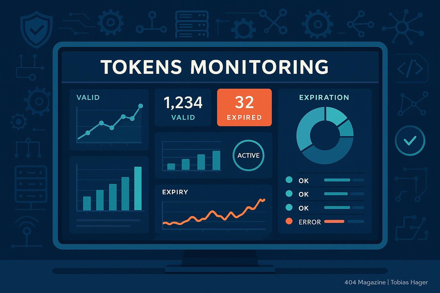 Digitales Kontrollzentrum mit Monitoring-Tools, Datenvisualisierungen, Diagrammen und Sicherheits-Symbolen im Hintergrund
