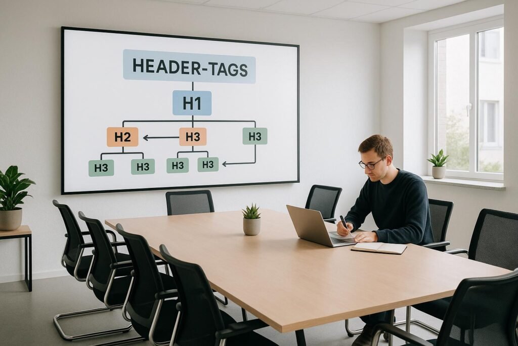Modernes, minimalistisch gestaltetes Büro mit digitalem Whiteboard, das Content-Hierarchie zeigt, und einer Person, die am Laptop arbeitet
