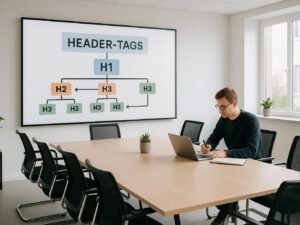 Modernes, minimalistisch gestaltetes Büro mit digitalem Whiteboard, das Content-Hierarchie zeigt, und einer Person, die am Laptop arbeitet
