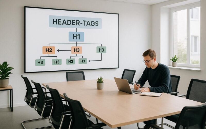 Modernes, minimalistisch gestaltetes Büro mit digitalem Whiteboard, das Content-Hierarchie zeigt, und einer Person, die am Laptop arbeitet