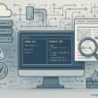 Moderne Website-Architektur mit Code-Editor, Server-Icons, Crawler-Inspektion und Netzwerkkonzepten, dargestellt in einem technischen Stil.