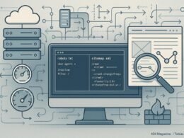 Moderne Website-Architektur mit Code-Editor, Server-Icons, Crawler-Inspektion und Netzwerkkonzepten, dargestellt in einem technischen Stil.