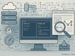 Moderne Website-Architektur mit Code-Editor, Server-Icons, Crawler-Inspektion und Netzwerkkonzepten, dargestellt in einem technischen Stil.