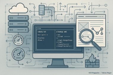 Moderne Website-Architektur mit Code-Editor, Server-Icons, Crawler-Inspektion und Netzwerkkonzepten, dargestellt in einem technischen Stil.