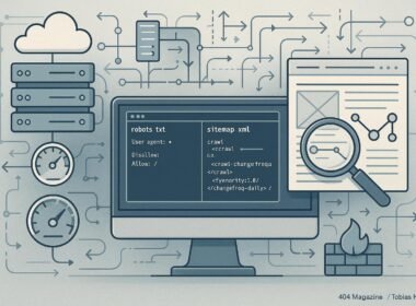 Moderne Website-Architektur mit Code-Editor, Server-Icons, Crawler-Inspektion und Netzwerkkonzepten, dargestellt in einem technischen Stil.