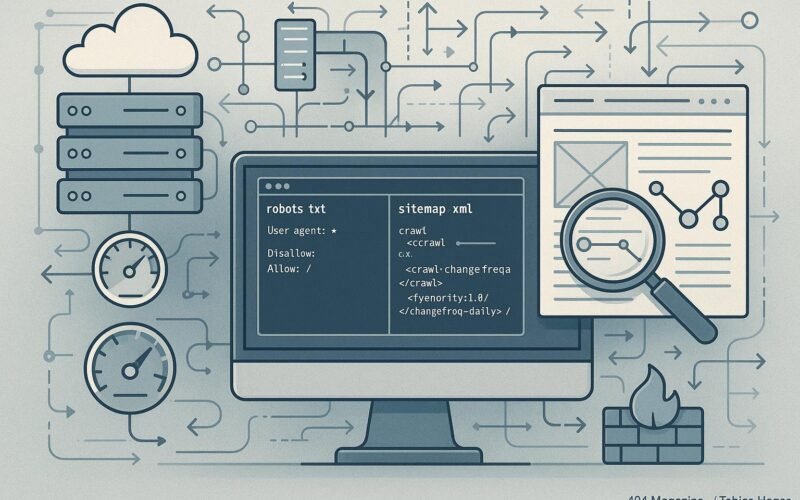 Moderne Website-Architektur mit Code-Editor, Server-Icons, Crawler-Inspektion und Netzwerkkonzepten, dargestellt in einem technischen Stil.