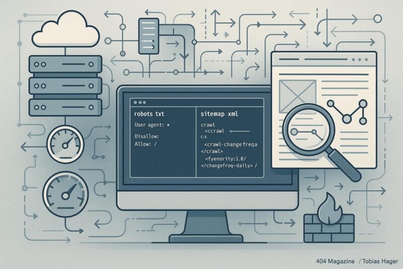 Moderne Website-Architektur mit Code-Editor, Server-Icons, Crawler-Inspektion und Netzwerkkonzepten, dargestellt in einem technischen Stil.