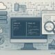 Moderne Website-Architektur mit Code-Editor, Server-Icons, Crawler-Inspektion und Netzwerkkonzepten, dargestellt in einem technischen Stil.
