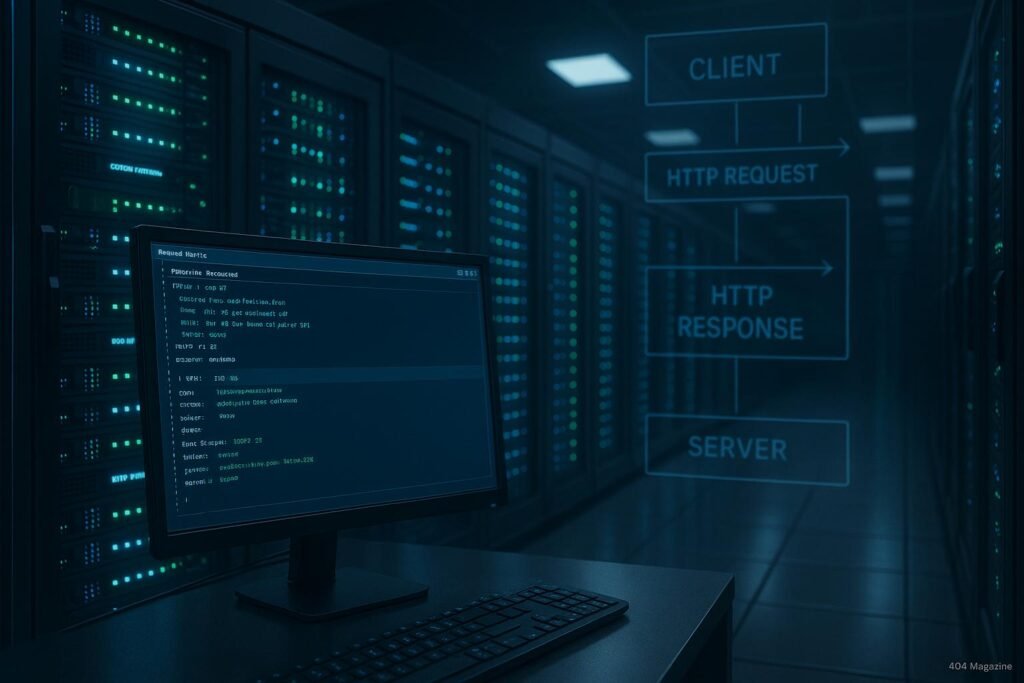 Moderner Serverraum mit blauen und grünen Beleuchtungen, Monitor mit Code und schematischen Datenflussübersichten