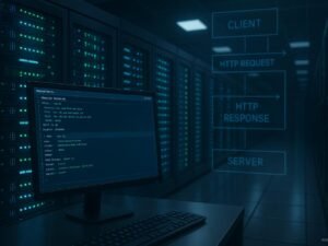 Moderner Serverraum mit blauen und grünen Beleuchtungen, Monitor mit Code und schematischen Datenflussübersichten