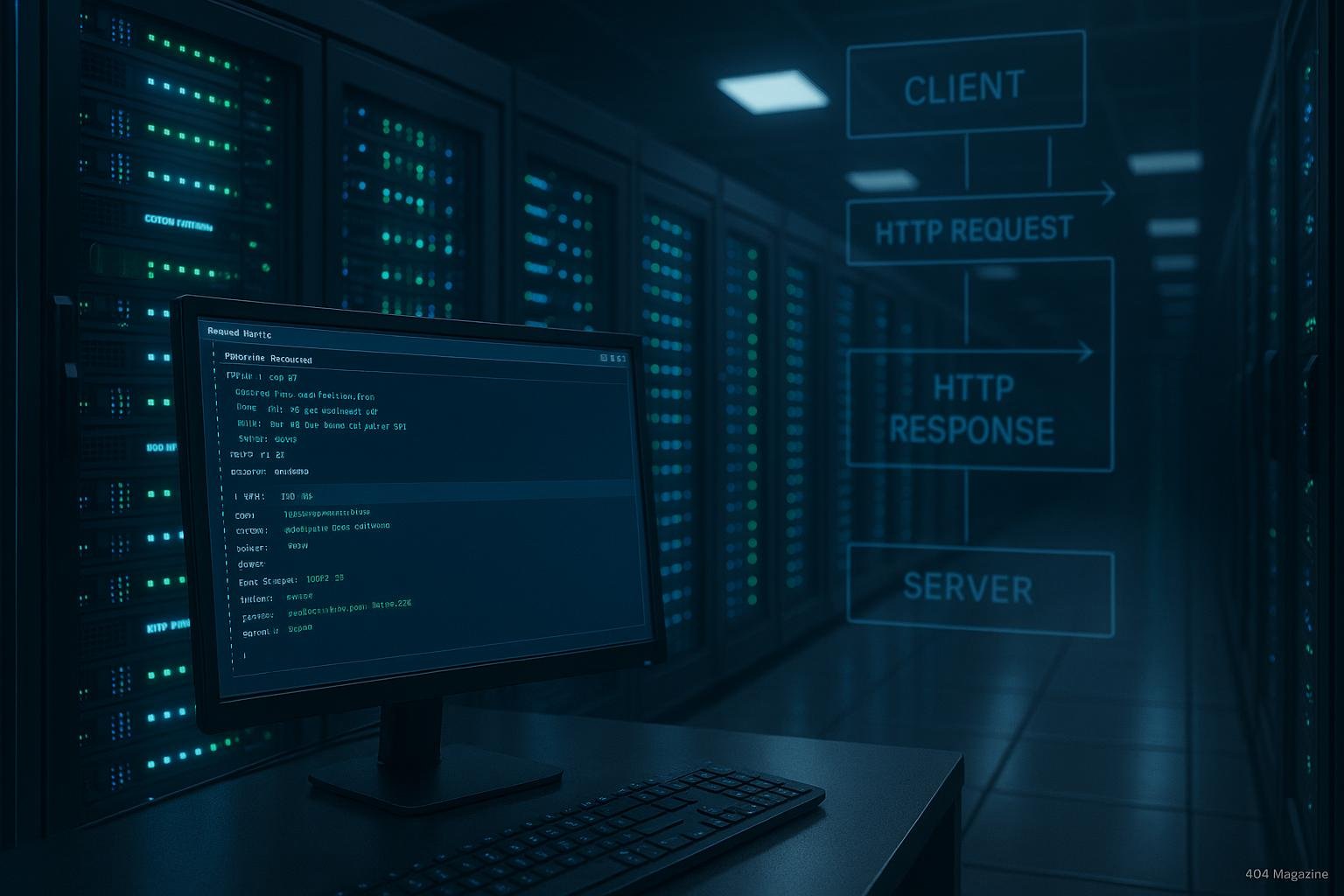 Moderner Serverraum mit blauen und grünen Beleuchtungen, Monitor mit Code und schematischen Datenflussübersichten
