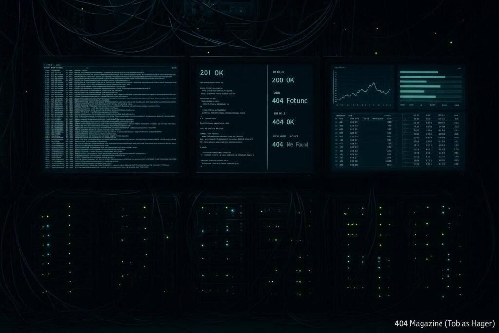 Dunkler Serverraum mit großen Logfile-Monitoren, Kabelsträngen und blinkenden LEDs, die Webcrawler-Aktivitäten darstellen, unterstrichen durch technische Hochspezialisierung