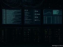 Dunkler Serverraum mit großen Logfile-Monitoren, Kabelsträngen und blinkenden LEDs, die Webcrawler-Aktivitäten darstellen, unterstrichen durch technische Hochspezialisierung