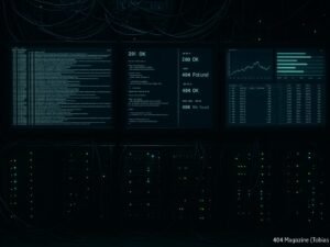 Dunkler Serverraum mit großen Logfile-Monitoren, Kabelsträngen und blinkenden LEDs, die Webcrawler-Aktivitäten darstellen, unterstrichen durch technische Hochspezialisierung