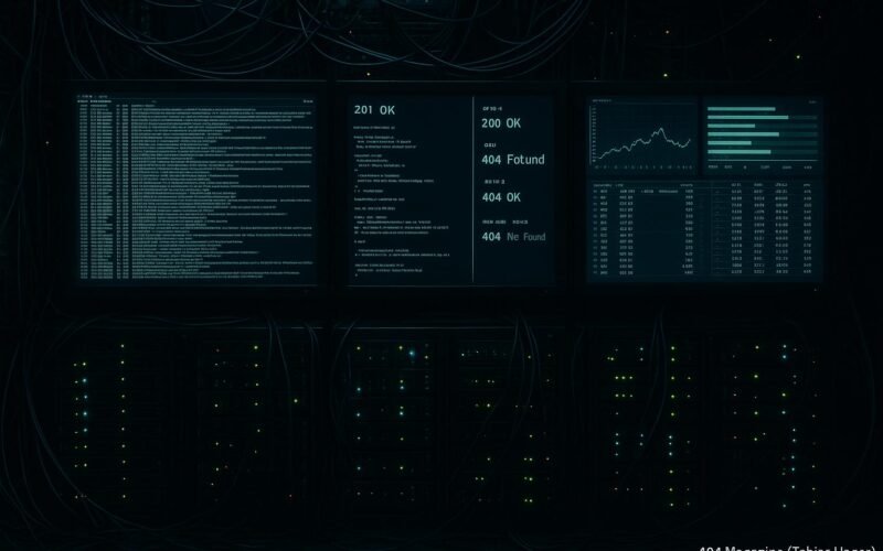 Dunkler Serverraum mit großen Logfile-Monitoren, Kabelsträngen und blinkenden LEDs, die Webcrawler-Aktivitäten darstellen, unterstrichen durch technische Hochspezialisierung