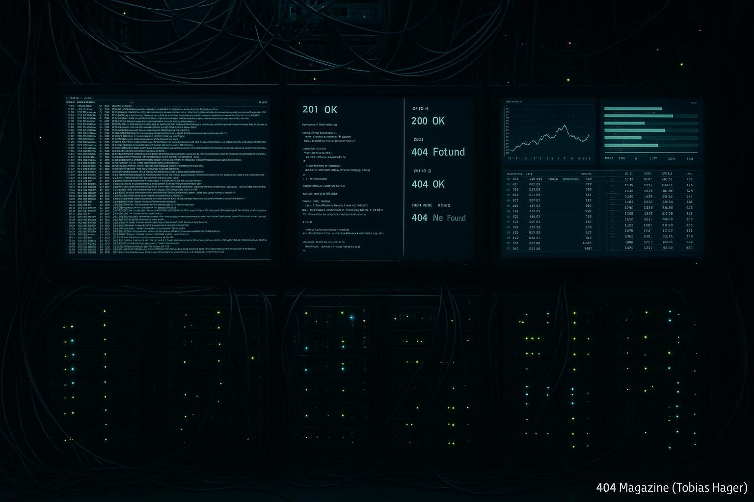 Dunkler Serverraum mit großen Logfile-Monitoren, Kabelsträngen und blinkenden LEDs, die Webcrawler-Aktivitäten darstellen, unterstrichen durch technische Hochspezialisierung