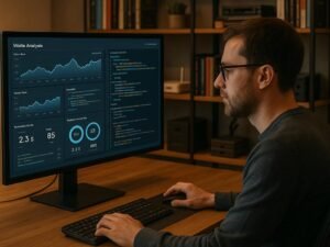 IT-Experte arbeitet in modernem Büro mit großem Bildschirm, der Echtzeit-Webseitenanalysen, Diagramme, Code und Performance-Metriken zeigt. Hintergrund mit Büchern und Geräten, warme Beleuchtung.