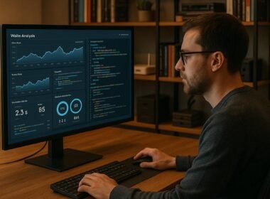 IT-Experte arbeitet in modernem Büro mit großem Bildschirm, der Echtzeit-Webseitenanalysen, Diagramme, Code und Performance-Metriken zeigt. Hintergrund mit Büchern und Geräten, warme Beleuchtung.