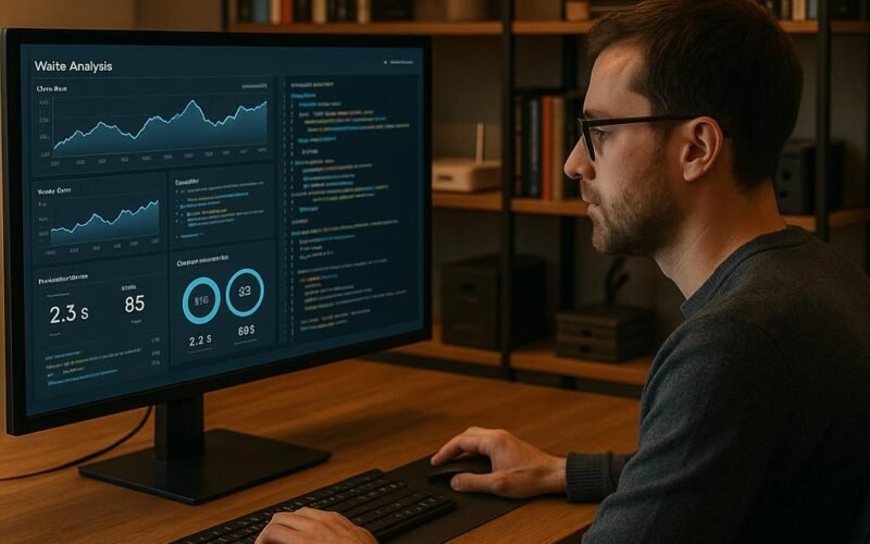 IT-Experte arbeitet in modernem Büro mit großem Bildschirm, der Echtzeit-Webseitenanalysen, Diagramme, Code und Performance-Metriken zeigt. Hintergrund mit Büchern und Geräten, warme Beleuchtung.