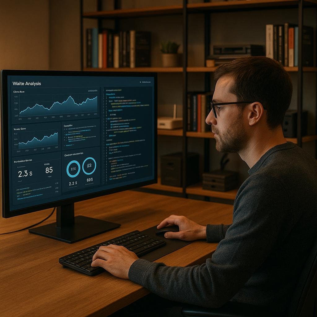 IT-Experte arbeitet in modernem Büro mit großem Bildschirm, der Echtzeit-Webseitenanalysen, Diagramme, Code und Performance-Metriken zeigt. Hintergrund mit Büchern und Geräten, warme Beleuchtung.