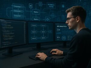 Ein Software-Ingenieur arbeitet an einem futuristischen Arbeitsplatz mit mehreren Monitoren, die Code, Architekturdiagramme und SEO-Dashboards zeigen, im Hintergrund digitale Blaupausen von Micro-Frontend-Architekturen.