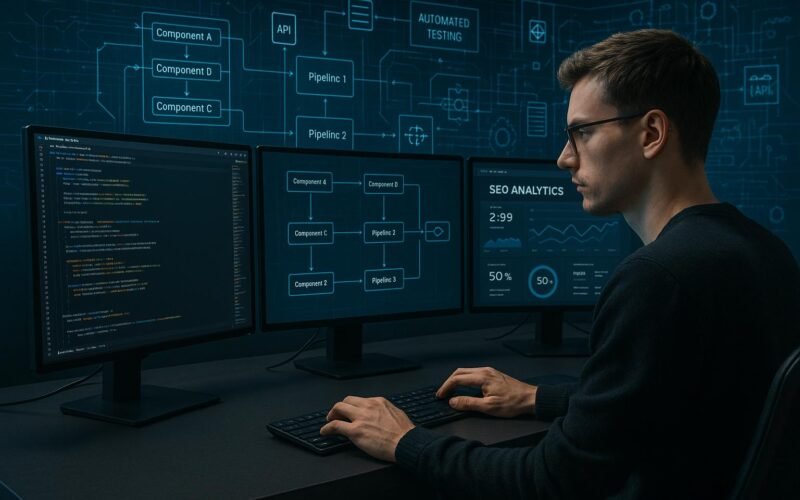 Ein Software-Ingenieur arbeitet an einem futuristischen Arbeitsplatz mit mehreren Monitoren, die Code, Architekturdiagramme und SEO-Dashboards zeigen, im Hintergrund digitale Blaupausen von Micro-Frontend-Architekturen.