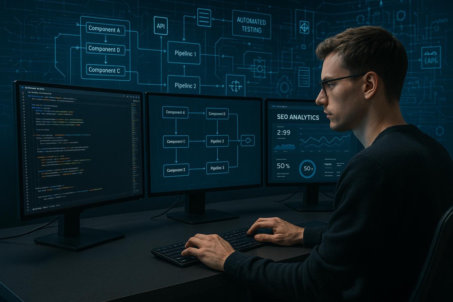 Ein Software-Ingenieur arbeitet an einem futuristischen Arbeitsplatz mit mehreren Monitoren, die Code, Architekturdiagramme und SEO-Dashboards zeigen, im Hintergrund digitale Blaupausen von Micro-Frontend-Architekturen.