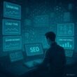 Futuristisches Kontrollzentrum für SEO mit holographischen Datenanzeigen, einem technischen Analysten an der Konsole und vernetzten Servern im Hintergrund.