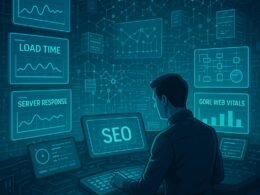 Futuristisches Kontrollzentrum für SEO mit holographischen Datenanzeigen, einem technischen Analysten an der Konsole und vernetzten Servern im Hintergrund.