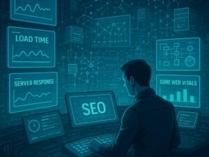 Futuristisches Kontrollzentrum für SEO mit holographischen Datenanzeigen, einem technischen Analysten an der Konsole und vernetzten Servern im Hintergrund.