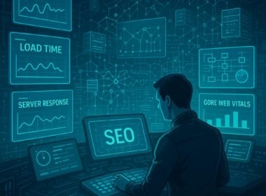 Futuristisches Kontrollzentrum für SEO mit holographischen Datenanzeigen, einem technischen Analysten an der Konsole und vernetzten Servern im Hintergrund.