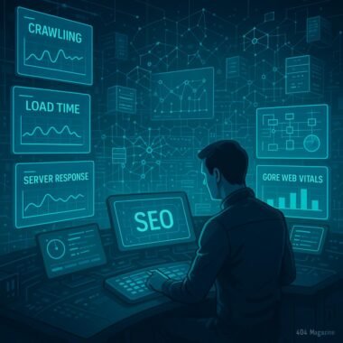 Futuristisches Kontrollzentrum für SEO mit holographischen Datenanzeigen, einem technischen Analysten an der Konsole und vernetzten Servern im Hintergrund.