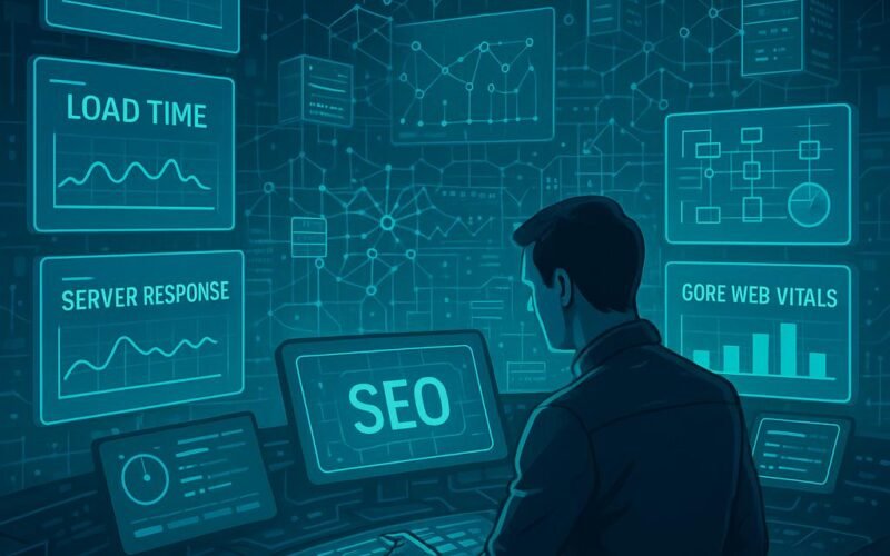 Futuristisches Kontrollzentrum für SEO mit holographischen Datenanzeigen, einem technischen Analysten an der Konsole und vernetzten Servern im Hintergrund.