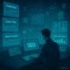 Futuristisches Kontrollzentrum für SEO mit holographischen Datenanzeigen, einem technischen Analysten an der Konsole und vernetzten Servern im Hintergrund.