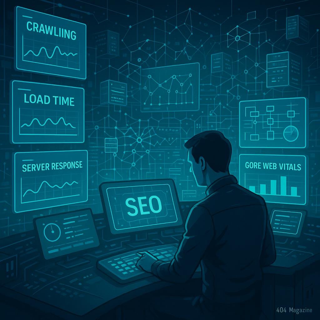 Futuristisches Kontrollzentrum für SEO mit holographischen Datenanzeigen, einem technischen Analysten an der Konsole und vernetzten Servern im Hintergrund.