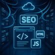 Modernes Serverzentrum mit leuchtenden LAN-Kabeln, blinkenden Serverlichtern, Cloud-Elementen sowie schematischen Webseitencodes, HTML- und JavaScript-Icons in kühlem Blau und Neon-Akzenten, symbolisieren die digitale Infrastruktur und technische Backbone für Websites. Credit: 404 Magazine (Tobias Hager)