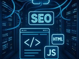 Modernes Serverzentrum mit leuchtenden LAN-Kabeln, blinkenden Serverlichtern, Cloud-Elementen sowie schematischen Webseitencodes, HTML- und JavaScript-Icons in kühlem Blau und Neon-Akzenten, symbolisieren die digitale Infrastruktur und technische Backbone für Websites. Credit: 404 Magazine (Tobias Hager)
